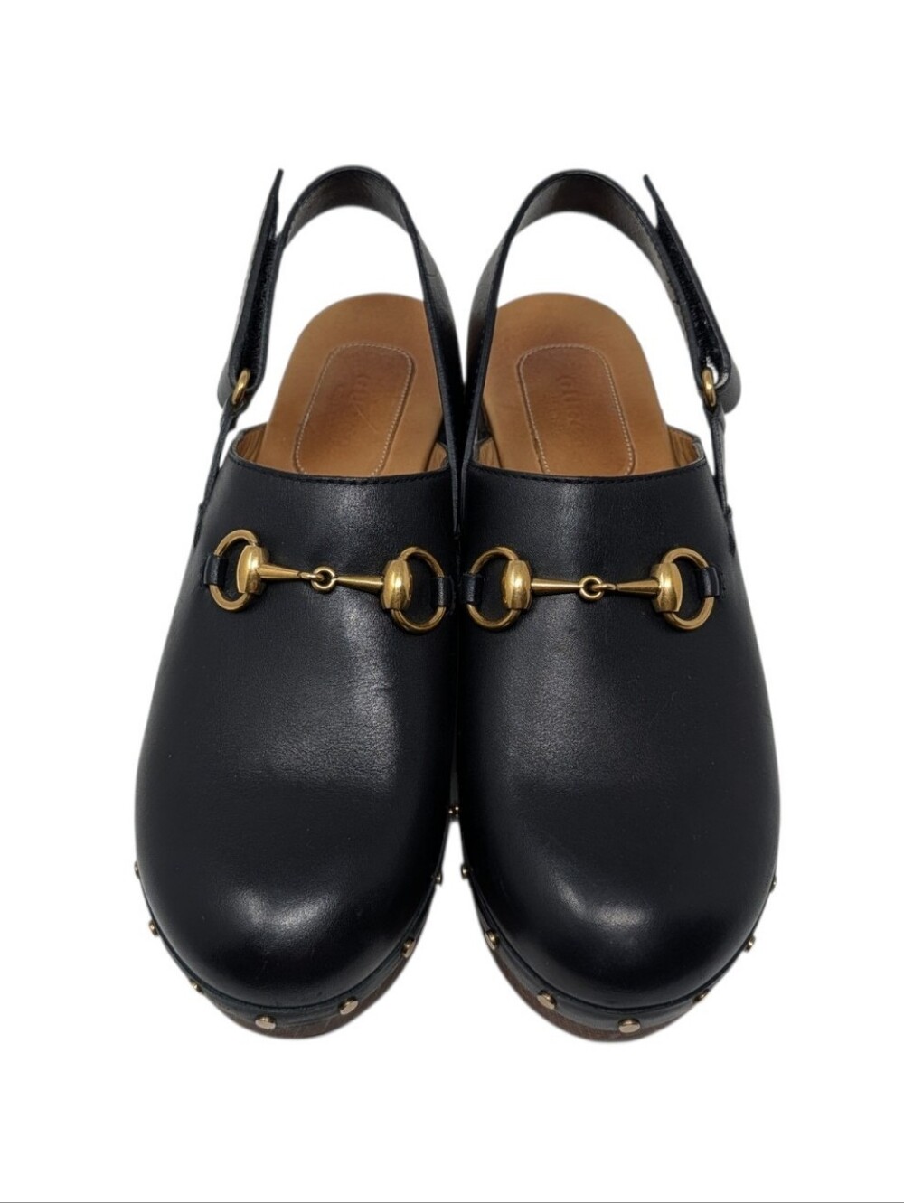 Gucci Black Leather Amstel Slingback Horsebit Clog Wood Platform Size EU 38.5